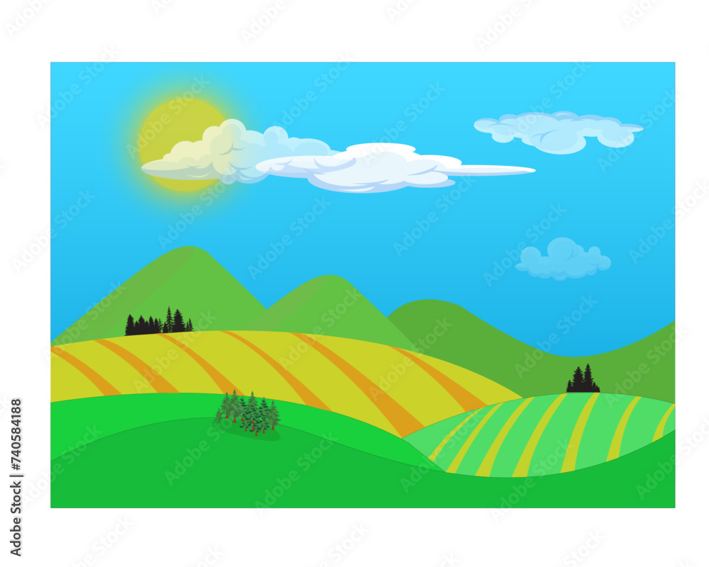 Paysage rural avec champs au premier plan, collines et ciel bleu avec soleil et nuages blancs