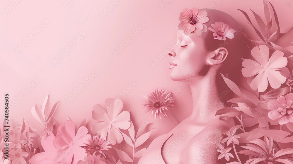 Serene Woman with Floral Embellishments in Monochromatic Pink Theme, Paper cut , Breast cancer awareness day, Body Woman with flowers on pink background Serene Woman with Floral Embellishments in Monochromatic Pink Theme, Paper cut , Breast cancer awareness day, Body Woman with flowers on pink background