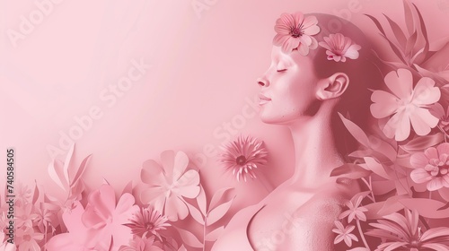 Serene Woman with Floral Embellishments in Monochromatic Pink Theme  Paper cut   Breast cancer awareness day  Body Woman with flowers on pink background