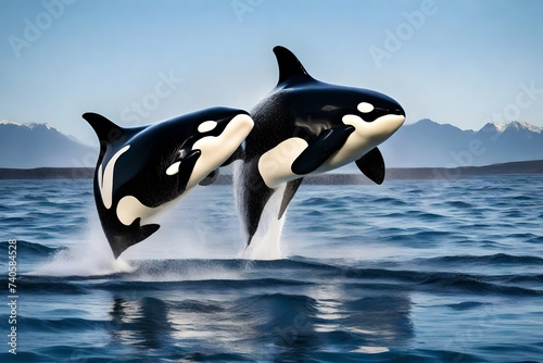 KILLER WHALE orcinus orca  PAIR LEAPING