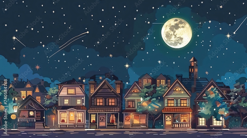 Vintage town at night. Bright moon.