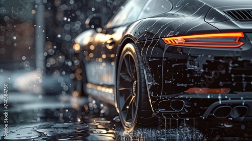 Sleek Sports Car Enjoying a Detailed Wash on a Rainy Day © Viktorikus