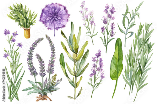 Lavender flowers isolated on white background, surrounded by leaves and grass, in a illustration depicting a serene floral pattern photo
