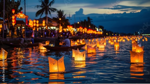 Floating lantern festival with paper lanterns on dark water for memorial day commemoration. © Ilja