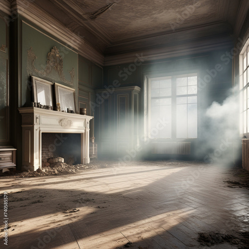 Vintage interior of an old house with fireplace. interior of an old abandoned house with smoke coming out of the window