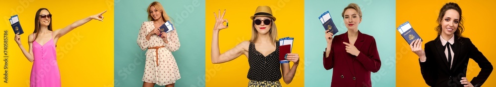 Set of five images beautiful young woman holding passport boarding pass ticket. Air travel flight. Set of five images beautiful young woman holding passport boarding pass ticket. Air travel flight.