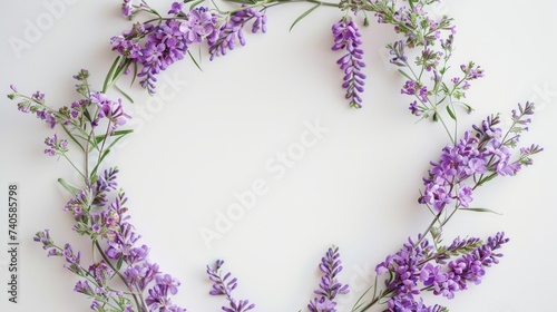 Delicate flowers of lavender and other purple flowers, arranged in a wreath on a white and delicate background - ideal for design and creative projects.