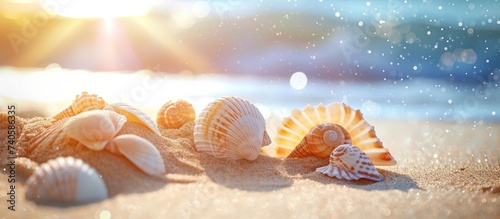 Beautiful collection of assorted seashells scattered on the peaceful sandy beach shore under the warm sun © TheWaterMeloonProjec