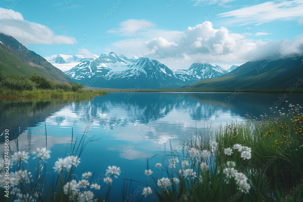 Tranquil mountain lake with reflection and wildflowers in the foreground