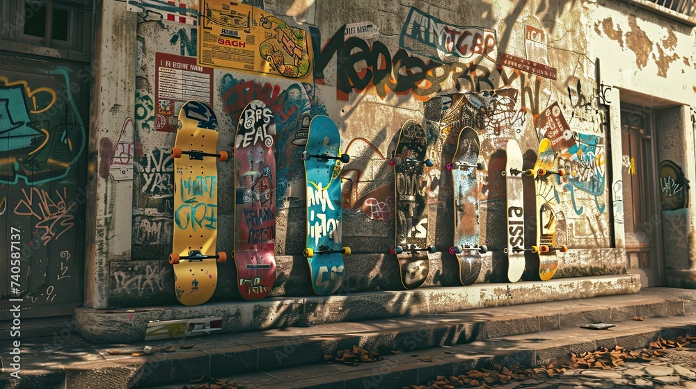 Fototapeta premium old ghetto wall with peeling posters, and graffiti, and 6 skateboards in the corner in a comic book art style