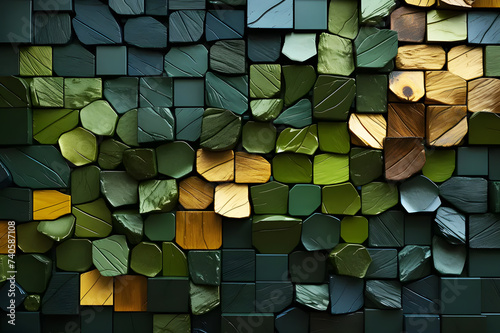 Background Abstract Textured. Dry beech wood multi colored arranged in row. Wooden logs stacked on top of each other. Stack of wood, firewood green, yellow. Chopped firewood logs ready for winter. photo