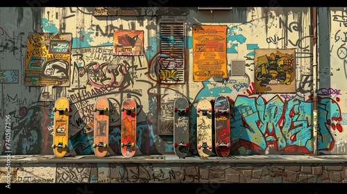Wallpaper Mural old ghetto wall with peeling posters, and graffiti, and 6 skateboards in the corner in a comic book art style Torontodigital.ca
