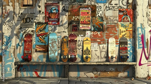 old ghetto wall with peeling posters, and graffiti, and 6 skateboards in the corner in a comic book art style © paisorn