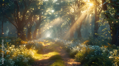 Witness a mystical forest where trees bloom, Fantasy sun forest floor, trees, nature, green, light