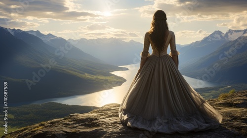Young woman standing at mountain summit enjoying stunning panoramic landscape view