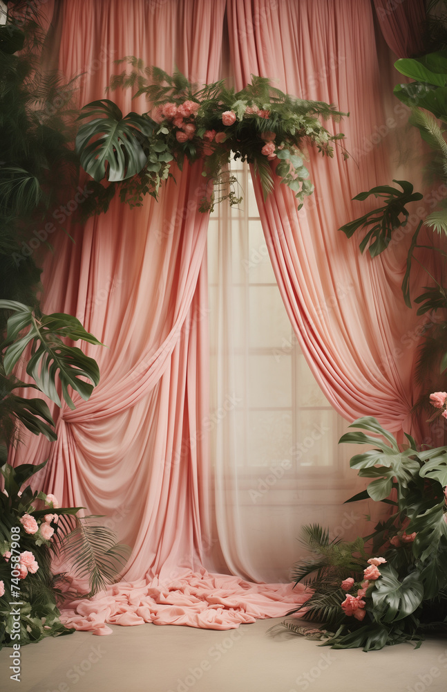 Decoration with green leaves and pink curtains. Wedding decoration.