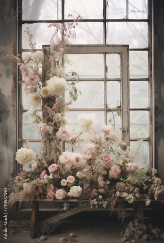 Flowers decoraton in front of window. Wedding decoration. photo