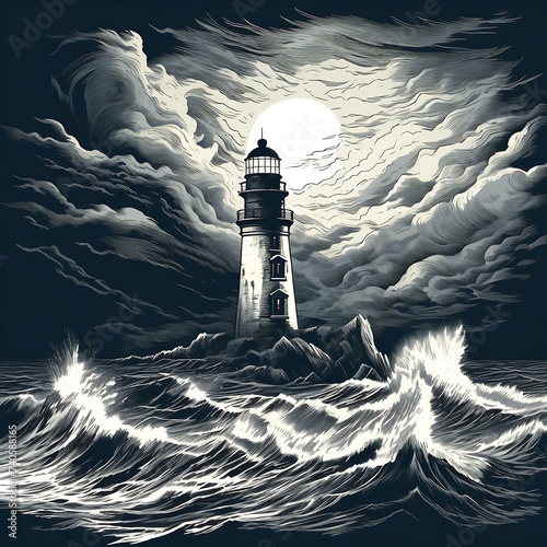 Lighthouse in the middle of the sea during storm in engraving style