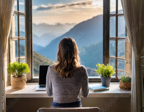 Frau von hinten sitzt vor einem Laptop an einem geöffneten Fenster vor sommerlicher Berglandschaft, Symbolfoto New Work, KI-generiert photo