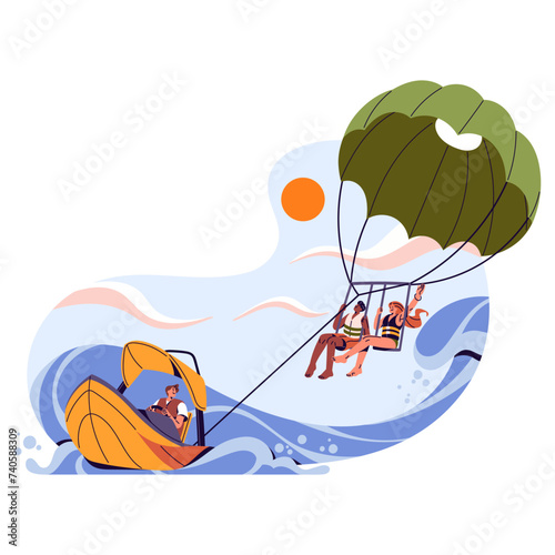 Parasailing on summer holiday, sea vacation. People fun, flying, parascending in sky. Boat pull parachute by rope above water. Extreme sport. Flat isolated vector illustration on white background photo