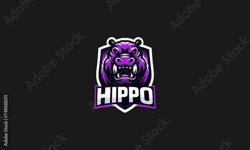 head hippo purple and shield vector logo design template