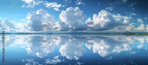 The fluid mirror of water reflects the cottonlike clouds in the sky, creating a mesmerizing natural landscape painting on the tranquil lake surface photo