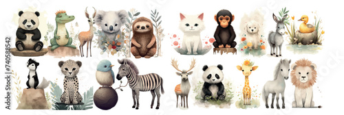 Watercolor Collection of Adorable Animals in Natural Habitats: Panda, Alligator, Deer, Koala, Sloth, Cat, Llama, Duck