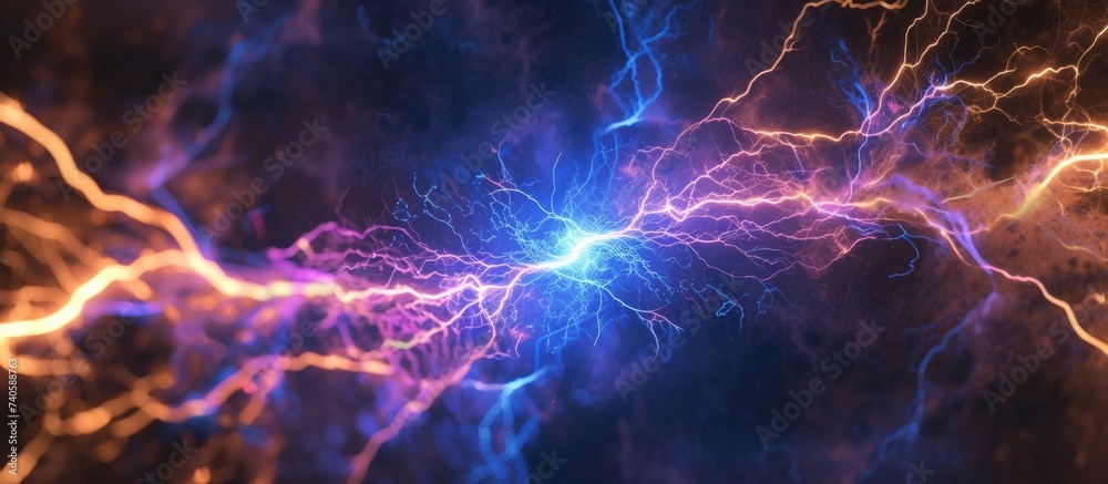 Two electric blue lightning bolts are converging in the dark purple sky, creating a dazzling pattern reminiscent of astronomical objects in space