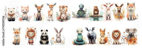 Whimsical Watercolor Collection of Forest and Domestic Animals, Each Character Showcasing Unique, Endearing