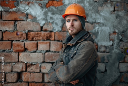 Portrait of a bricklayer in the workplace. Construction worker