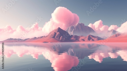 A surreal minimalistic landscape with mountains and a lake with reflection. Pink clouds in the sky above the mountains