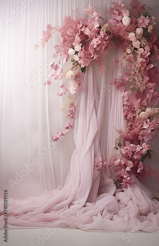 Flowers decoration with pink roses in front of white curtains. Wedding decoration.