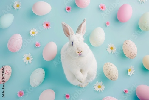 Happy Easter Eggs Basket verdant green. Bunny hopping in flower new beginnings decoration. Adorable hare 3d Limeade Green rabbit illustration. Holy week easter festive hunt Vegetables card relaxing