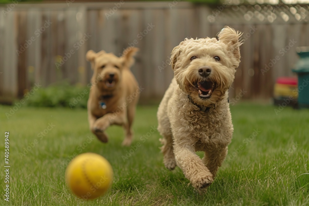 Deux chiens s'amusant avec une balle dans un jardin » IA générative