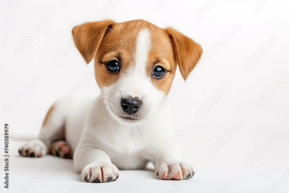 Portrait d'un jeune chien blanc et marron sur fond blanc » IA générative