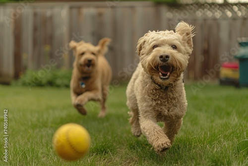 Deux chiens s'amusant avec une balle dans un jardin » IA générative © Maelgoa