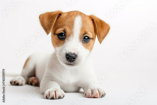Portrait d'un jeune chien blanc et marron sur fond blanc » IA générative
