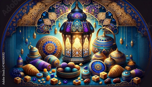 Arabian lantern and traditional Eid al-Fitr sweets on beautifully decorated table still-life