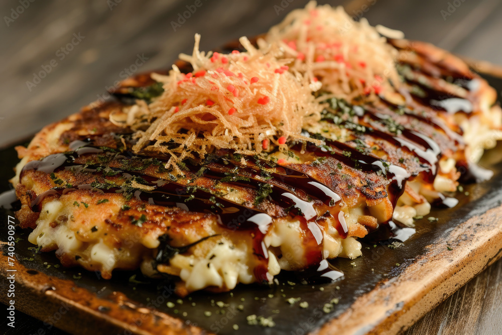 Okonomiyaki Cooking Pattern from Above, street food and haute cuisine