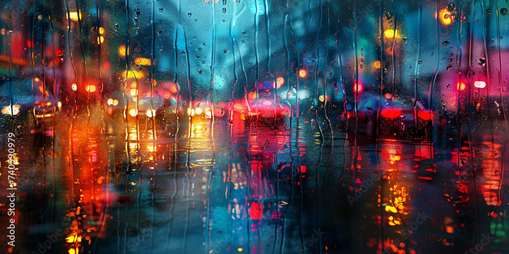 Surprising Wet road in rainy street in future cyberpunk city with neon lights. 