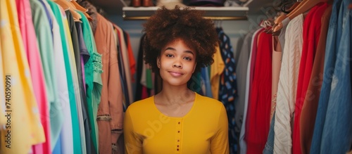 Fashionable young woman standing in front of a colorful rack of stylish clothes in a clothing store
