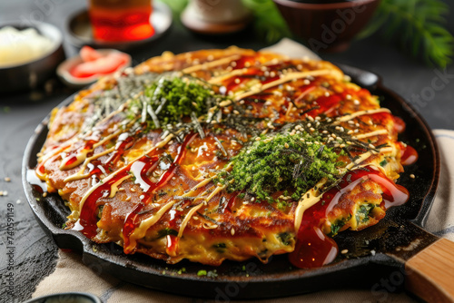 Vibrant Okonomiyaki Food Creation  street food and haute cuisine