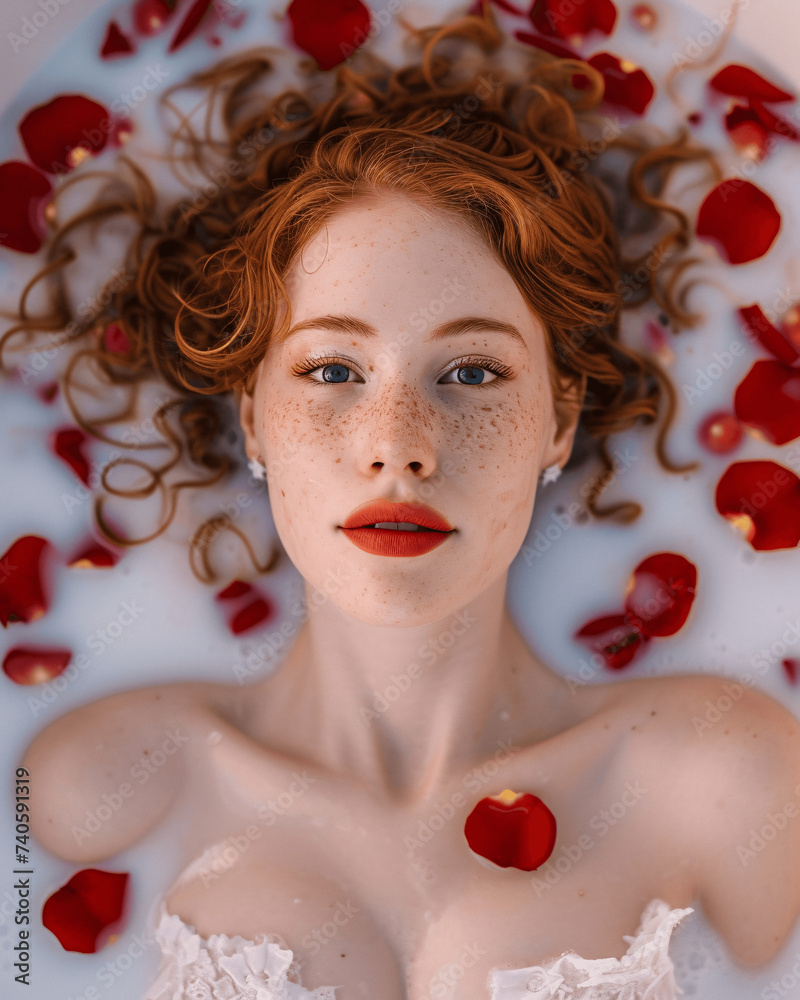 Attractive Young Ginger Woman Floating in Milk Bath with Red Rose