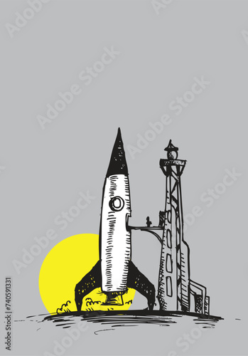 Vintage Rocket doodle art at the launching pad. Editable Clip Art.