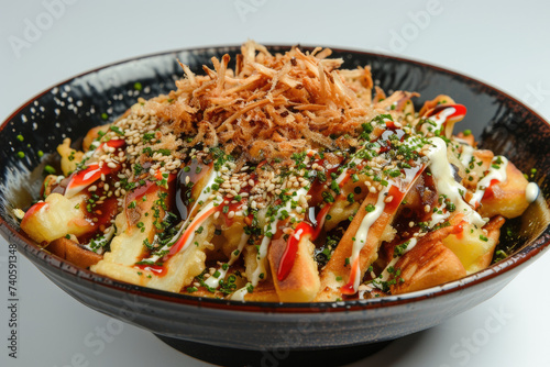 Colorful Okonomiyaki Fries Composition, street food and haute cuisine