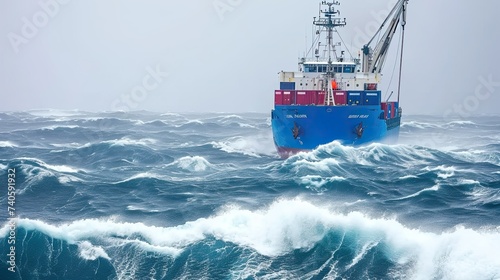 A cargo ship braves the fury of the sea, a testament to the unwavering commitment of seafarers.