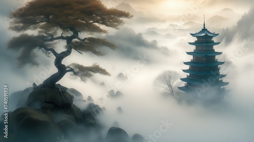 A charming, wise-looking being surrounded by swirling mists, its presence exuding an aura of tranquility and wisdom. photo