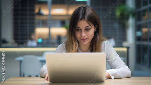 A woman sitting and working in front of a laptop in the office