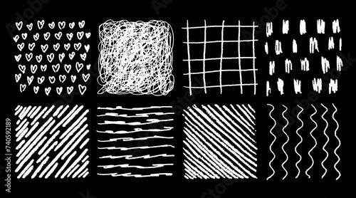 Chalk stroke pattern. white crayon doodle scrawl. Hand drawn sketch texture with chalk lines. Cross or parallel hatch. White grunge backgrounds. Vector square hatching shapes set