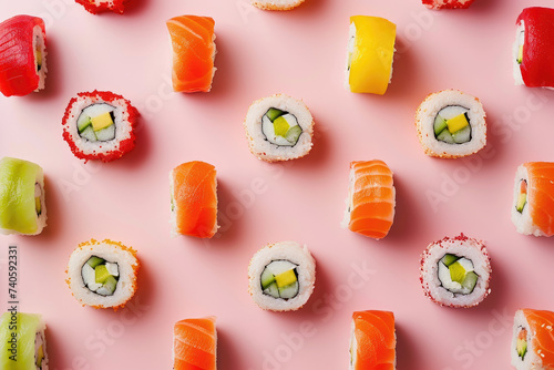 Vibrant Rainbow-Colored Sushi Platter, street food and haute cuisine